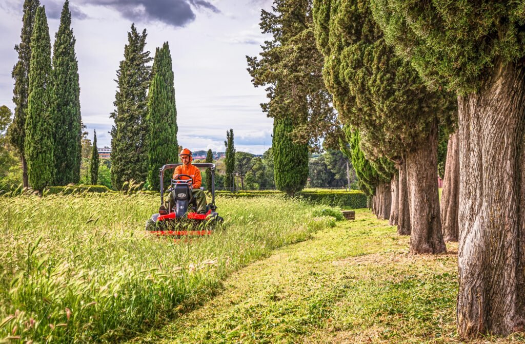 A mix of modern farming tools and natural scenery