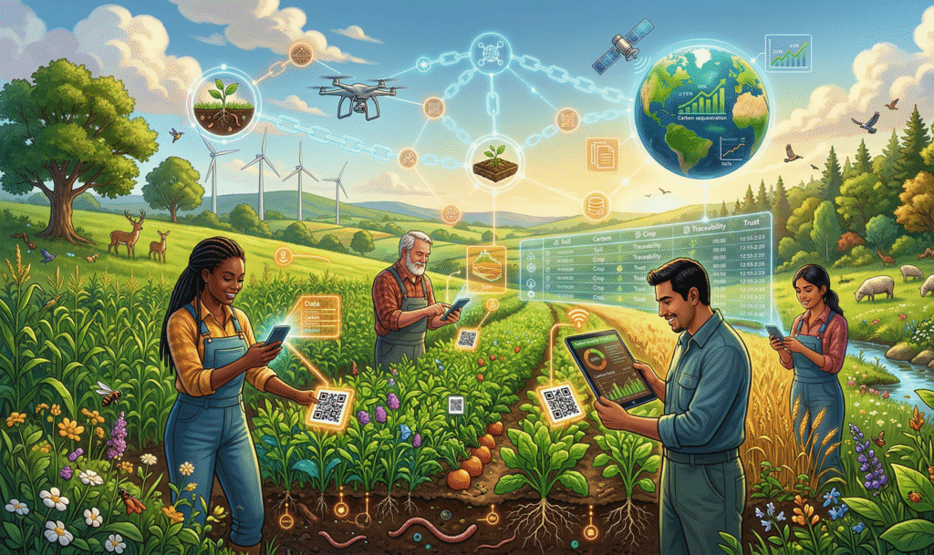 Digital illustration of farmers in a lush green field scanning QR codes on crops with mobile devices, connected by glowing blockchain networks to soil samples, satellite views of healthy land, cover crops, and carbon graphs, with wind turbines, wildlife, and a transparent ledger overlay in earthy green, blue, and golden tones.