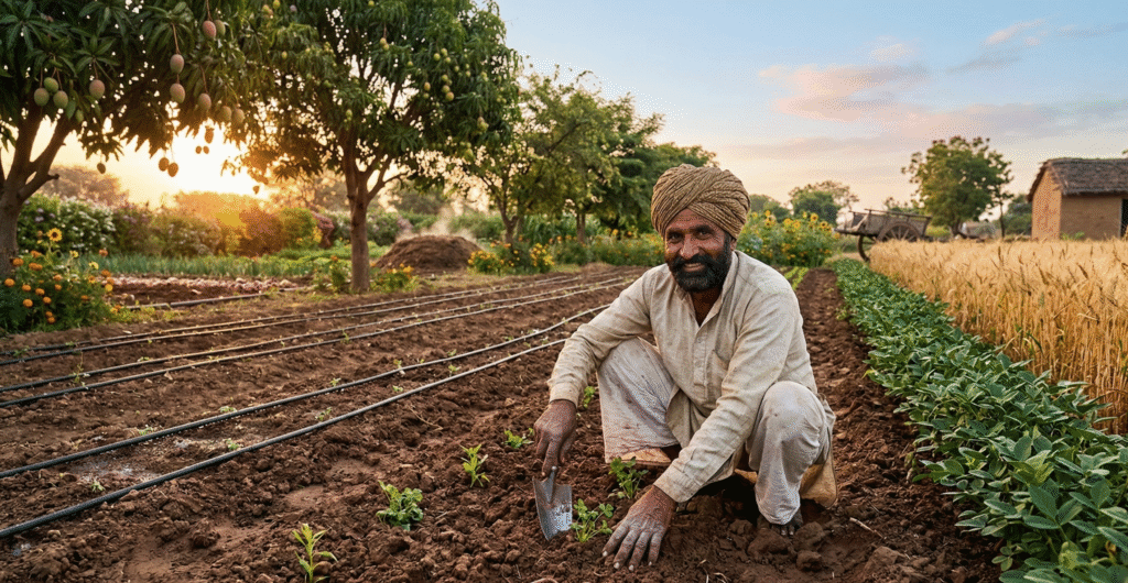 A hyper-realistic photograph shows a diverse Indian farmer in traditional attire kneeling in rich brown soil at golden hour sunrise on a thriving sustainable farm in rural India, planting cover crops beside rotated fields of golden wheat and green legumes, with agroforestry trees bearing ripe fruit providing shade in the background, no-till residue on the ground revealing earthworms, drip irrigation lines with dew, distant mulched vegetable beds, a compost pile, bees pollinating flowers, lush biodiversity, clear blue sky, and highly detailed textures on soil, leaves, bark, and the farmer's weathered hands.
