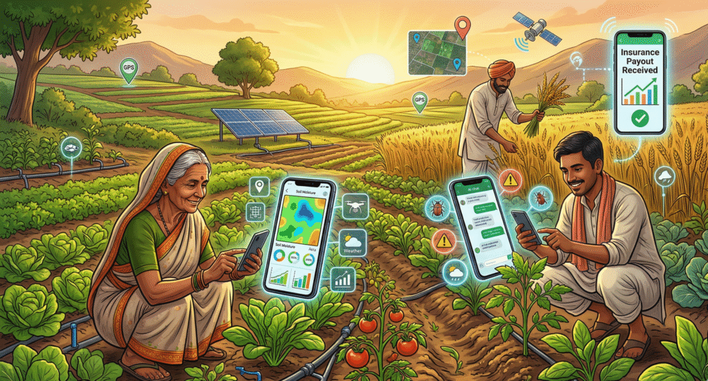 A photorealistic scene representing smallholder farm innovation in a modern corporate boardroom at sunrise, with a large glass window revealing lush green farmlands and forests outside. Diverse executives in business attire sit around a sleek conference table, engaged with a glowing holographic screen displaying satellite crop maps, soil health data, pest detection alerts, and AI-driven yield predictions. The image blends advanced digital farming technology with sustainable agriculture visuals, in a clean, professional 4K style.