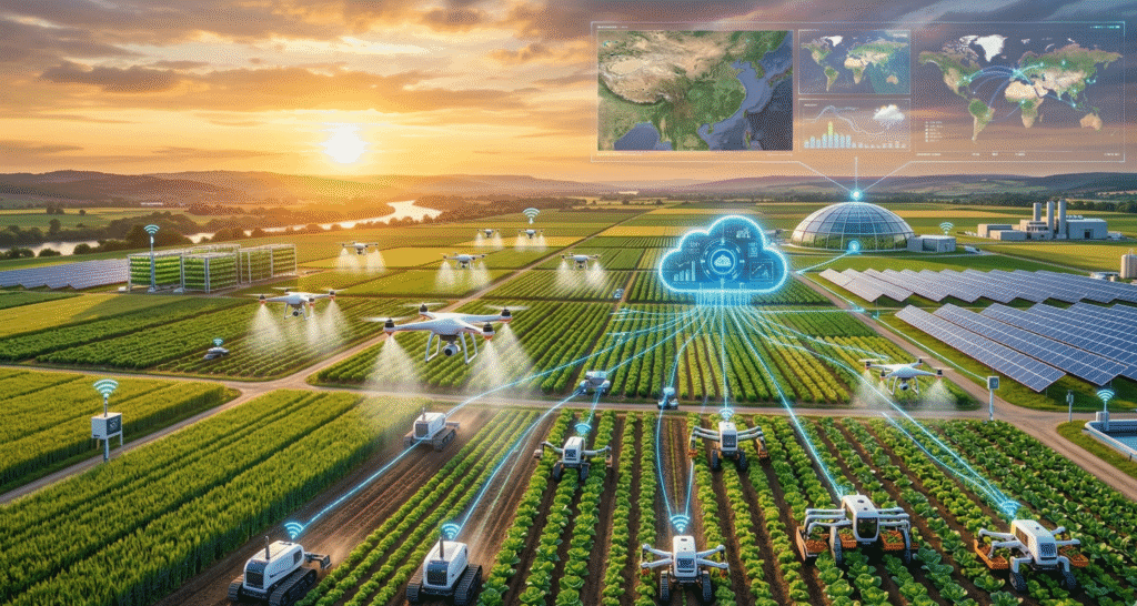 Futuristic smart farm at golden hour sunset, showcasing the Agri-Tech Trends 2026, with autonomous drones spraying crops, AI-powered robots tilling the soil, solar panels generating clean energy, and IoT sensors connected through real-time data streams across lush green fields.