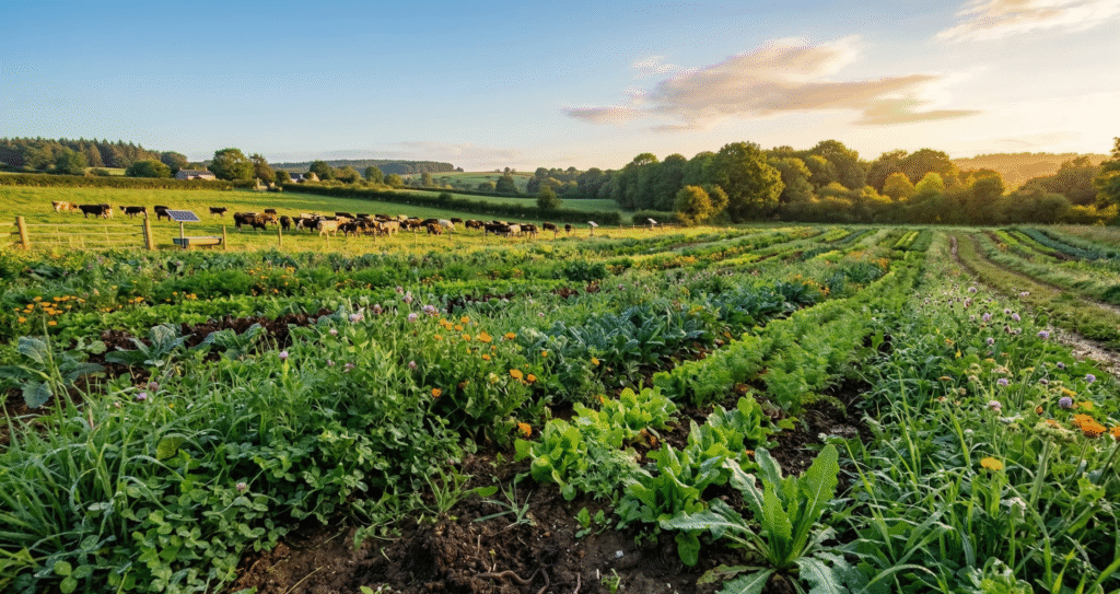 A vibrant regenerative farm scene at golden hour shows lush cover crops, diverse vegetable rows with legumes, distant grazing cattle, agroforestry trees, and rich dark soil, all under a clear blue sky with photorealistic details on dew-kissed leaves and earthworms.
