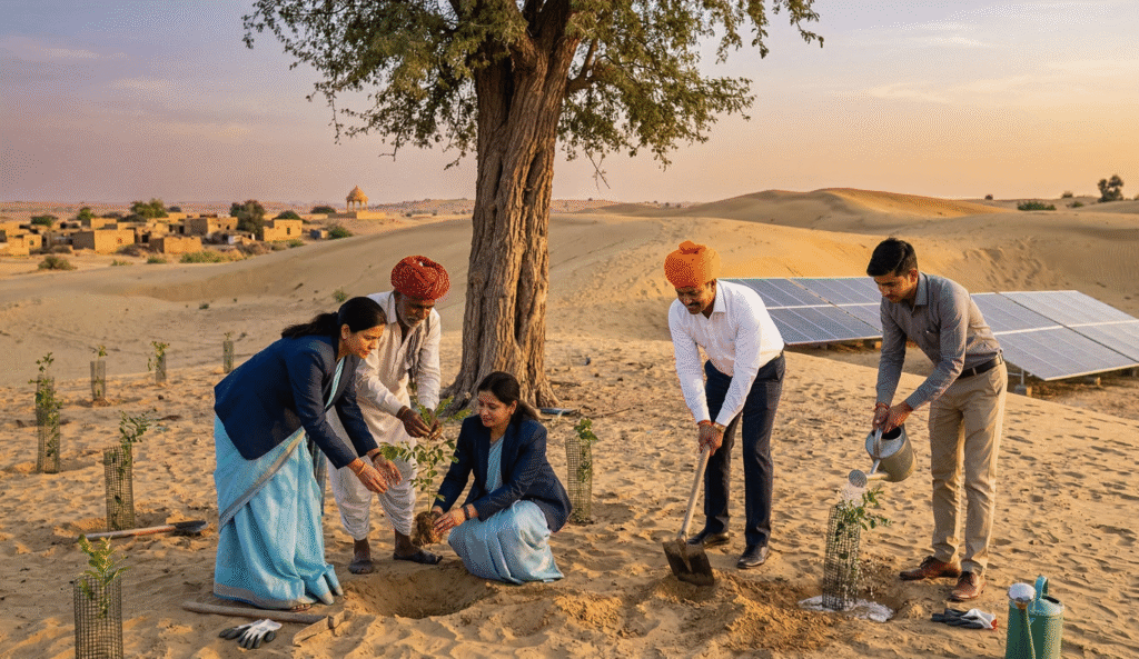 A hyper realistic scene at golden sunrise in Rajasthan's Thar Desert captures the spirit of the Khejri Se Kal campaign. A resilient khejri tree with a furrowed gray trunk and thorny branches rises above golden sand dunes, while diverse Indian professionals in business attire and Rajasthani turbans plant young saplings beside glinting solar panels in the foreground. The scene reflects the core idea of the Khejri Se Kal campaign, where renewable energy growth and nature conservation work together in harmony.