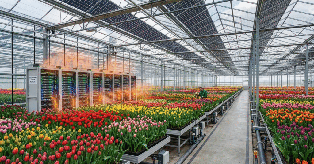 Vibrant rows of colorful tulips blooming in a sunlit Dutch greenhouse, warmed by glowing heat from nearby Bitcoin mining servers under a solar-paneled roof, showcasing sustainable crypto-agriculture fusion.