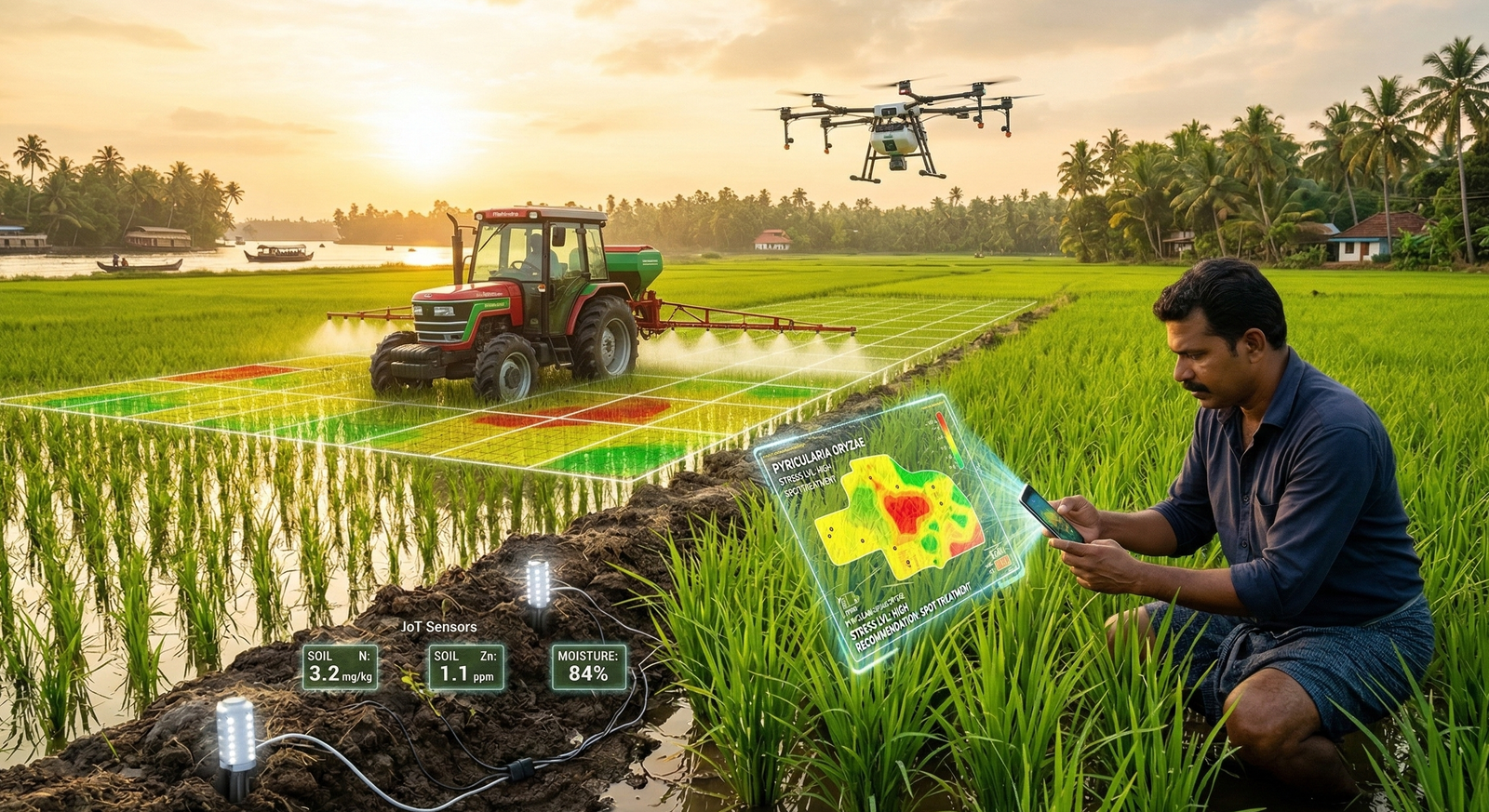 Farmer using a smartphone app for smart farming India in a Kerala paddy field to scan crop leaves and view a disease stress map, while a tractor applies variable rate fertilizer, a drone monitors crops from above, and IoT soil sensors measure nutrients like nitrogen and zinc near palm trees and backwaters.