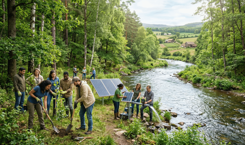 A sustainable landscape showing a healthy forest bordering a clear river, with small farms in the background and a diverse group of people planting trees, checking water flow, and inspecting a solar-powered water pump, symbolizing how the forests and water economy supports integrated management for resilient agrifood systems.