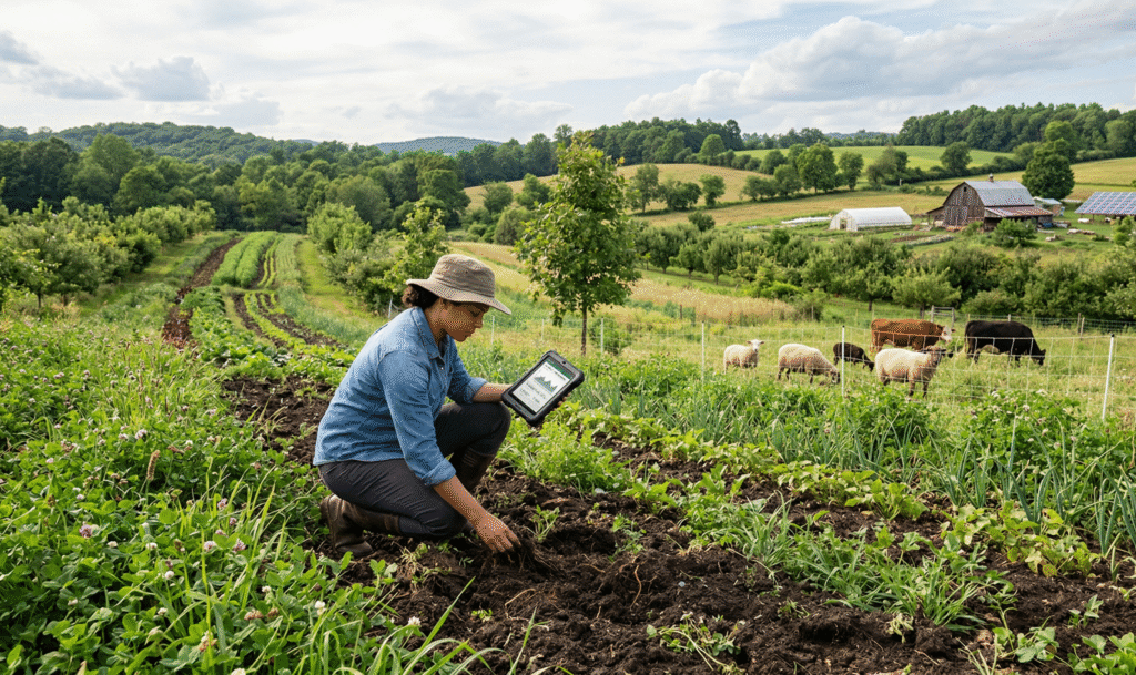 A diverse regenerative farm landscape showing healthy, dark soil covered with a mix of crops and cover vegetation, rows of mixed crops or agroforestry with trees integrated into the field, and a few grazing animals on pasture under a bright daylight sky, with a modern small‑scale farmer kneeling to examine the soil or checking a handheld monitoring device, symbolizing science‑based carbon farming and climate‑smart agriculture.