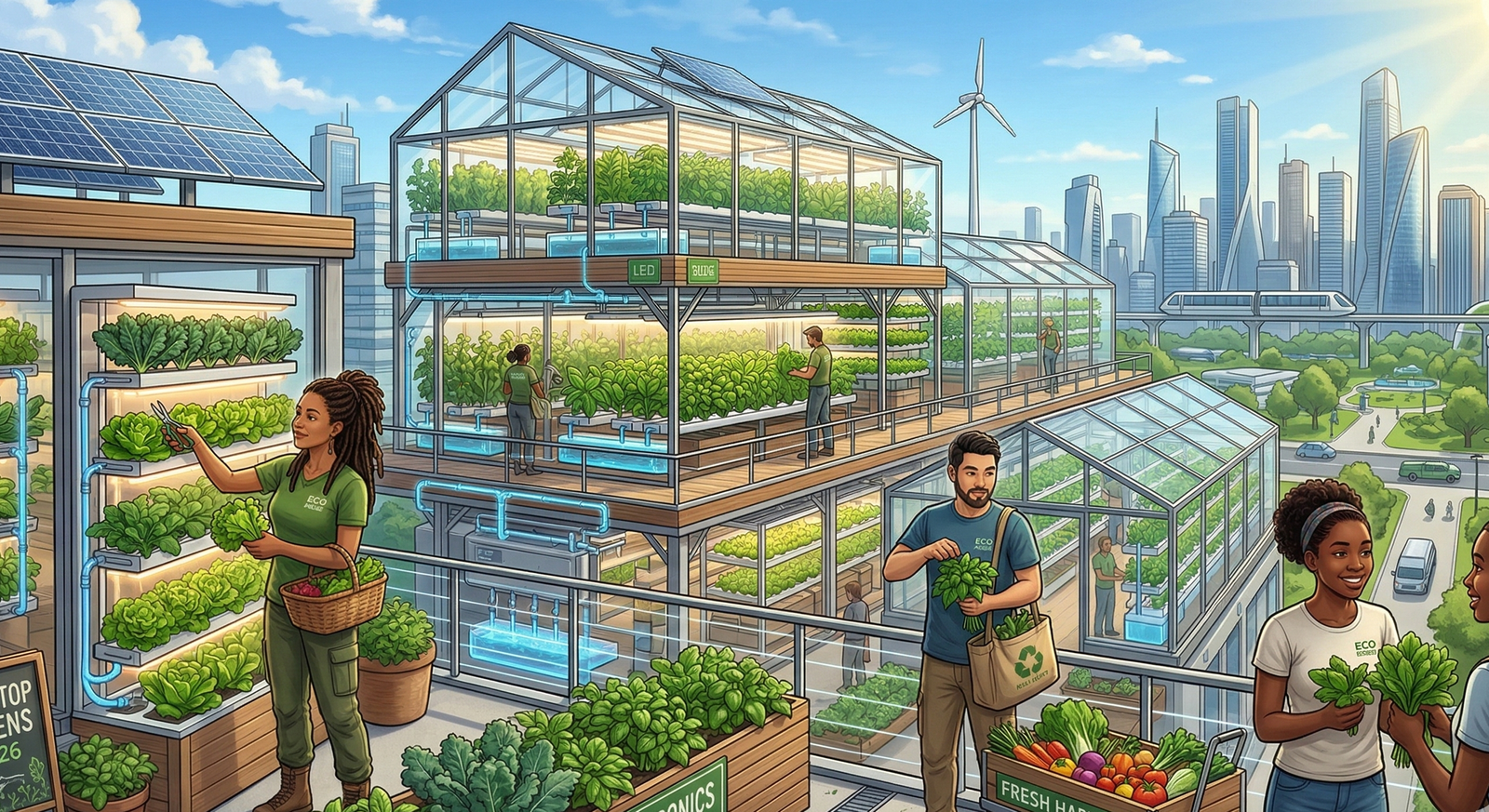 A vibrant, futuristic illustration of a 2026 city rooftop vertical farm. Diverse people harvest leafy greens from stacked hydroponic greenhouses equipped with glowing solar panels and LED lights. The scene is set against a sunny blue sky and a modern urban skyline in eco-friendly tones of green and gold.