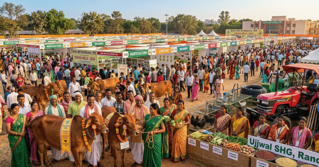 Hyper-realistic scene of Ranchi Agro-Tech Kisan Mela 2026 at Birsa Agricultural University: Farmers in traditional attire showcase award-winning livestock and crops beside modern tractors and agtech stalls under golden hour sunlight, highlighting sustainable agriculture and rural prosperity.