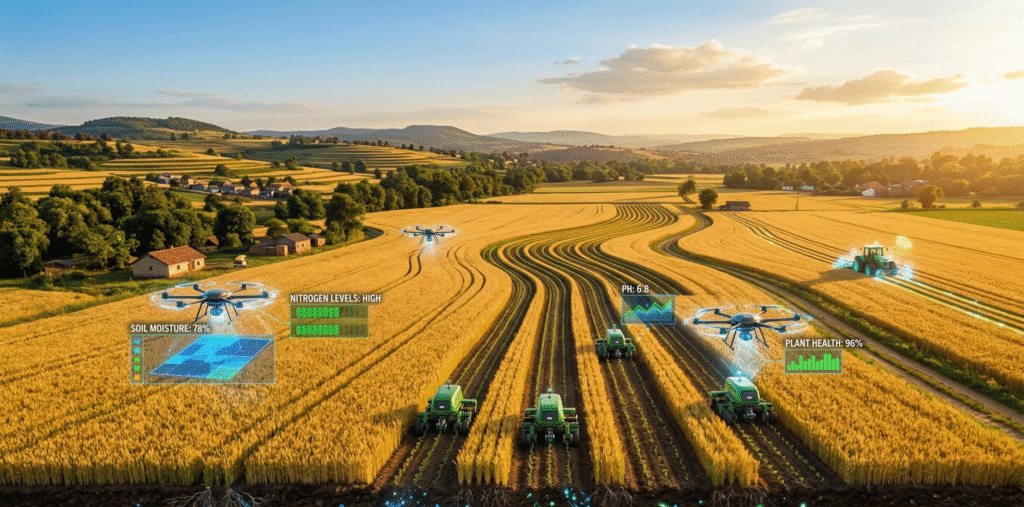 Futuristic 2026 farmland with autonomous robots planting crops, AI drones analyzing soil data, and sustainable tech overlays in golden wheat fields.