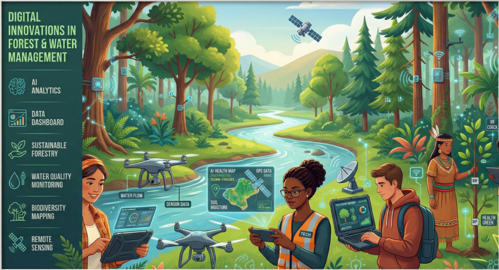 Vibrant digital illustration of a lush forest with a flowing river, featuring diverse farmers, women, and tech experts using smartphones, drones, and holograms to monitor trees and water. Subtle AI data icons and sustainable symbols in green, blue, and earth tones highlight inclusive environmental innovation.