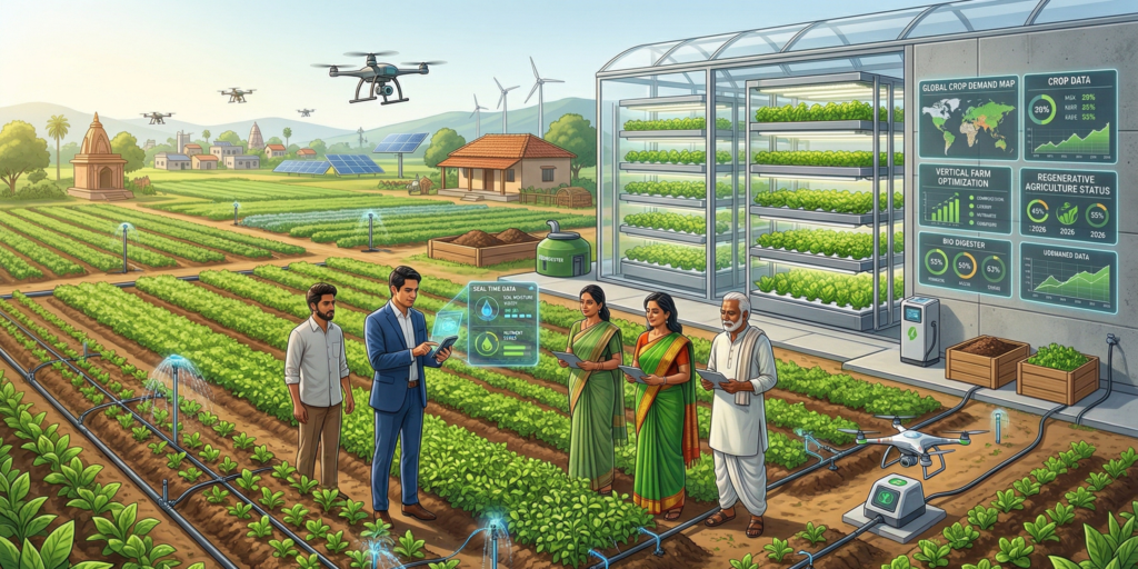 Futuristic fashion studio where diverse designers collaborate on a glowing holographic 3D garment prototype made from recycled and organic fabrics, with neural network patterns on screens displaying sustainable supply chain data, and discarded fabrics transforming into plants in the background, in a photorealistic cinematic style.