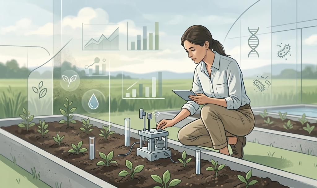 A researcher in a laboratory or field setting observes plants or a small experiment, with subtle icons of data graphs and microbes in the background, illustrating the connection between scientific research and real‑world sustainability.