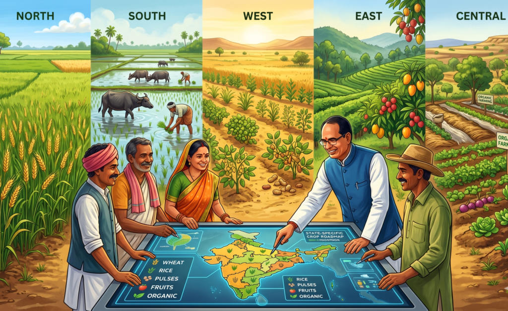 Vibrant illustration of India's five agro-climatic zones showing diverse farming landscapes with wheat fields, rice paddies, pulses, fruits, and natural farming practices. Farmers and Union Minister Shivraj Singh Chouhan collaborate around a digital crop roadmap table under warm sunlight, symbolizing sustainable agriculture.