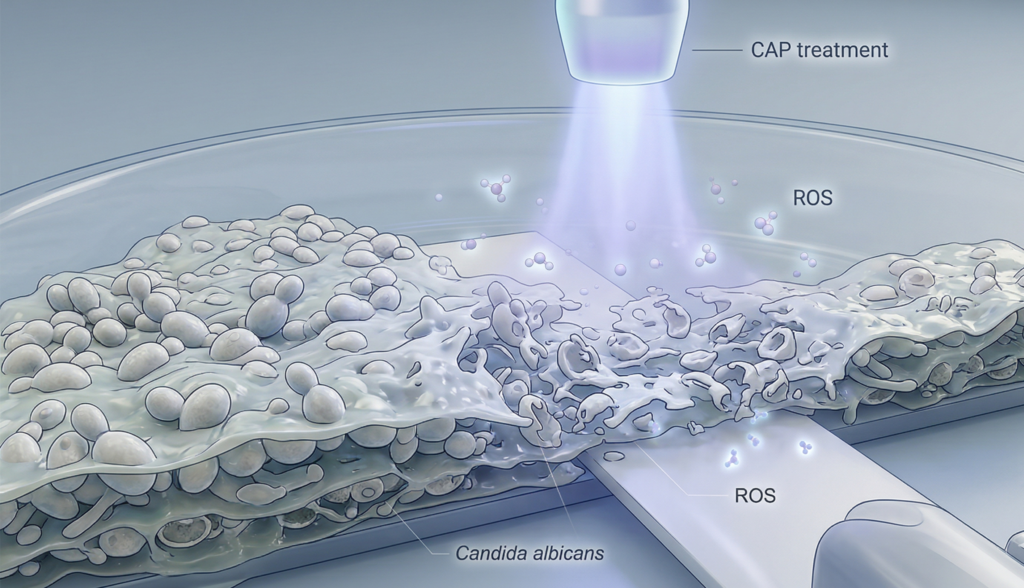 Illustration of a cold atmospheric plasma jet inactivating a Candida albicans fungal biofilm on a medical‑device‑like surface, showing glowing blue‑violet plasma emitting reactive particles that disrupt the microbial layer while the background remains a clean laboratory setting.