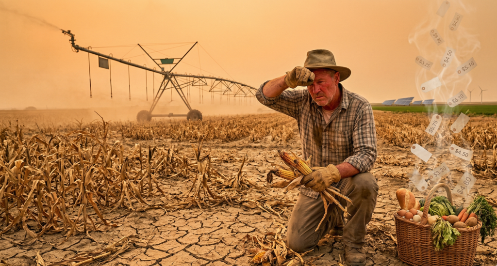A farmer stands amid drought-cracked fields with wilted crops under a scorching sun, symbolizing climate-driven food price hikes, while resilient farming practices offer hope in the background alongside subtle elements of rising grocery costs and sustainability.