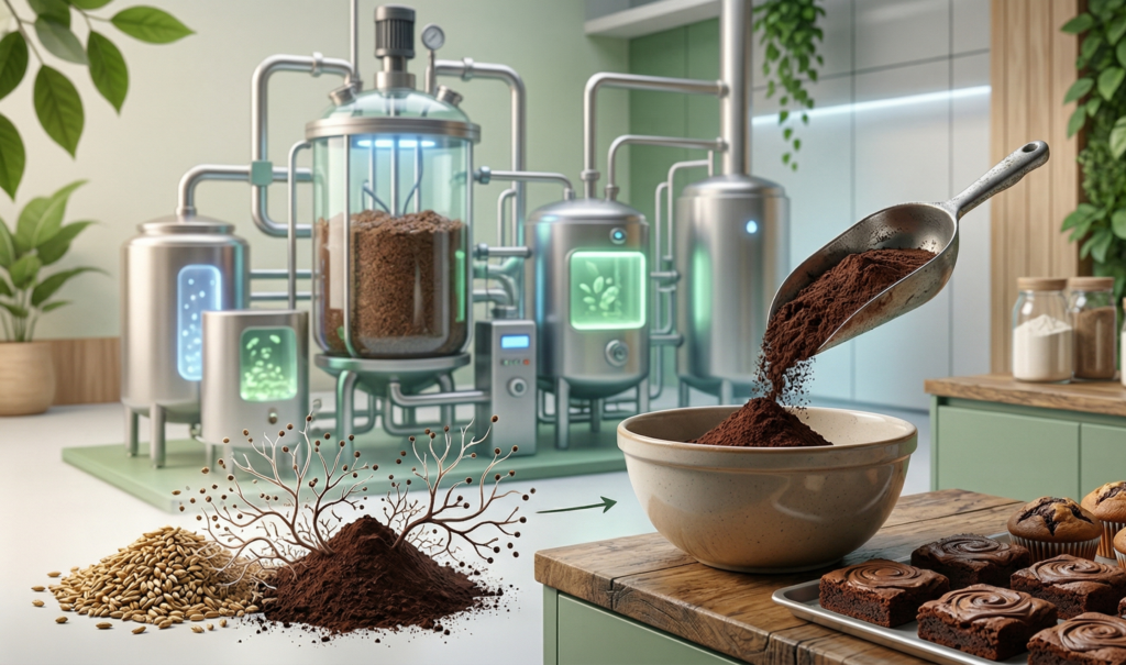 A futuristic food‑tech scene showing a sustainable chocolate production process, with a glowing bioreactor in the background and a dark cocoa‑like powder made from upcycled grain waste being poured into a bowl next to freshly baked brownies and muffins, symbolizing low‑carbon, waste‑to‑delight chocolate innovation.