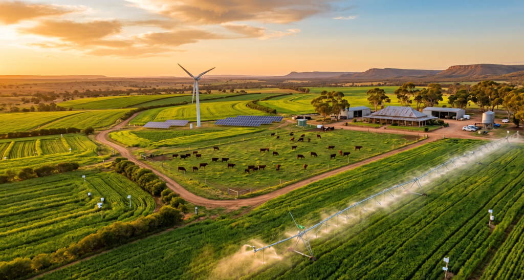 Aerial drone view of a lush regenerative farm in the Australian outback at golden hour sunset, featuring rolling green fields with diverse crops, grazing cattle, solar panels, precision irrigation systems, a wind turbine, data sensors, and a distant farmhouse, symbolizing sustainable agriculture investment opportunities in 2026.