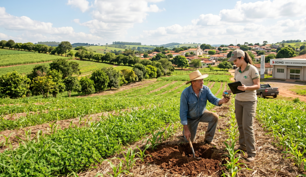 Smallholder farmers in Brazil working with a technician on a regenerative agriculture field, using cover crops and agroforestry alongside a modest rural town and a development‑bank office, symbolizing the link between climate‑smart farming and finance.