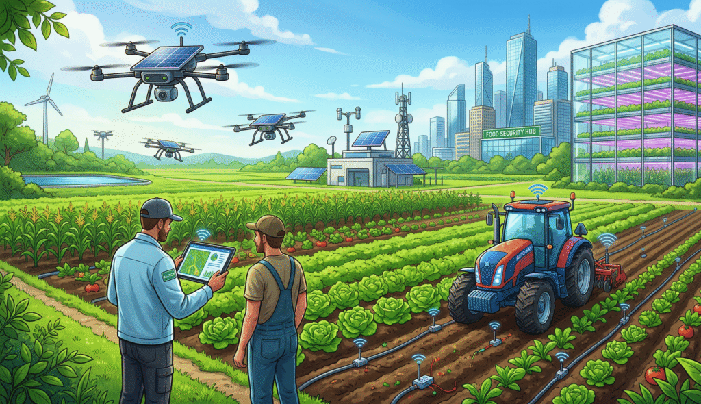 A futuristic smart farm in 2026, with solar‑powered drones flying over green fields, farmers using a tablet to view crop data, GPS‑guided tractors moving between rows, and IoT sensors on the soil, set against a modern city skyline and a vertical farm with LED‑lit crops, illustrating technology‑driven agriculture and food security.