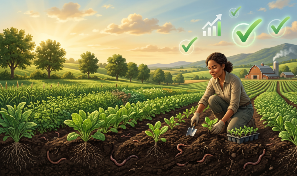 Create a vibrant, realistic illustration for a sustainability blog header on climate reporting rules elevating regenerative agriculture standards in the food sector. Show a diverse farmer in a lush green field planting seedlings into rich, healthy soil with visible earthworms and deep roots, under golden sunlight with windbreaks and a distant barn symbolizing progress; include subtle icons like a rising bar graph and green checkmarks in the sky to represent transparency and higher benchmarks. Use a wide landscape composition in 16:9 ratio with warm earth tones for an optimistic, resilient mood.