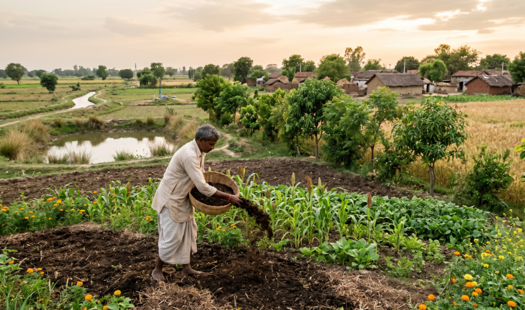 A smallholder farm in rural India at sunrise, showing a farmer in simple cotton clothes spreading organic compost on a mixed field of millets, pulses and vegetables, with healthy soil in the foreground. In the background, part of the field is under rice‑wheat cultivation while another section includes agroforestry tree lines, a small pond or bunds indicating groundwater recharge, and flowering plants buzzing with bees and butterflies, highlighting biodiversity and sustainable farming practices for a policy‑focused blog on climate‑smart agriculture in India.