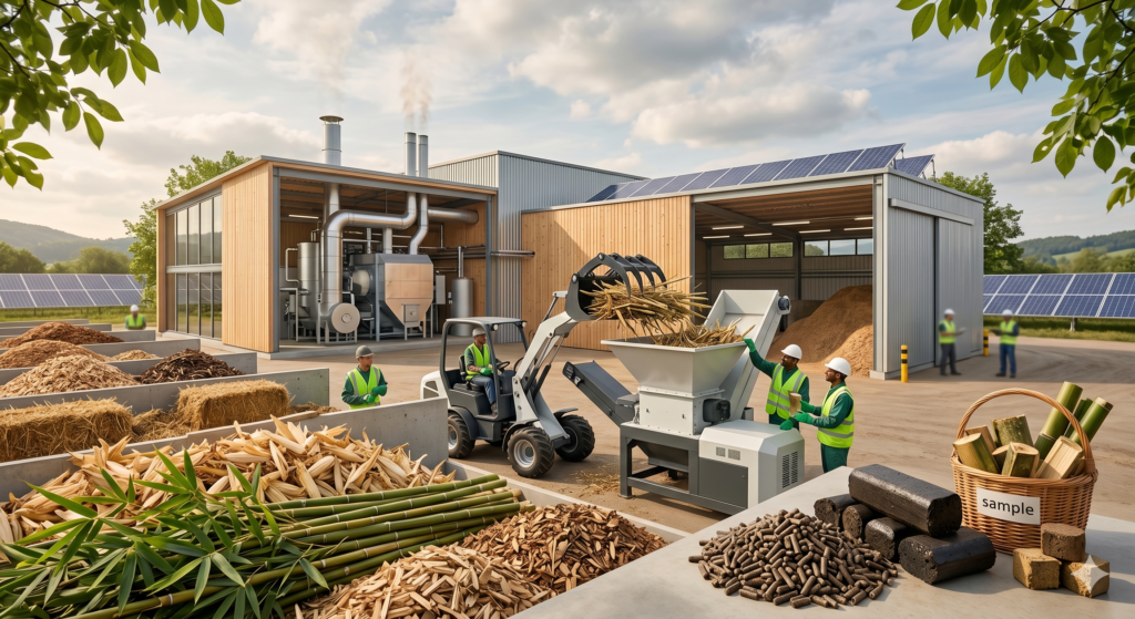Bamboo stalks and agricultural waste arranged as biomass fuel materials near a clean energy processing facility, showing a sustainable renewable fuel concept.