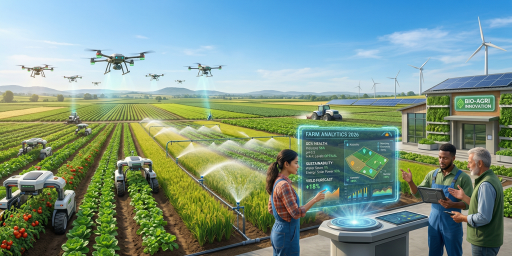 A vibrant futuristic farm scene in 2026, showcasing AI-powered drones hovering over lush green fields, autonomous robots harvesting ripe crops, and precision smart irrigation systems in action under a clear blue sky, with holographic displays overlaying soil health and sustainability data, and diverse farmers interacting via digital interfaces, rendered in a realistic sci-fi style for a high-resolution blog header image.