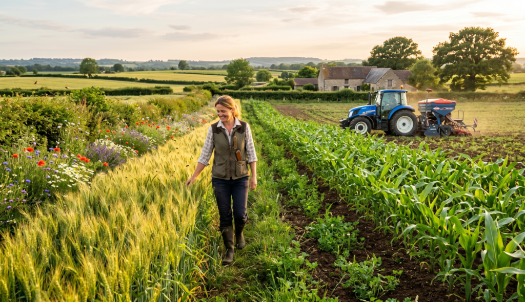A French farm field at golden hour with diverse crops including wheat and maize, hedgerows, wildflowers, and visible soil cover, showing a farmer walking through the field near a precision‑seeder tractor, illustrating a sustainable, pesticide‑free cropping system.