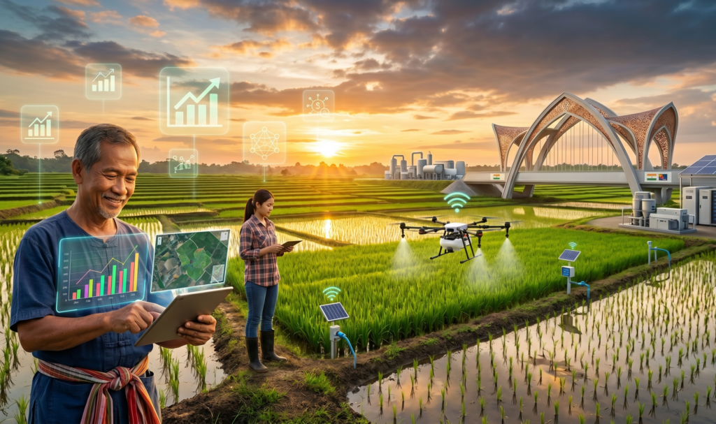 Southeast Asian farmers in lush rice paddies at golden hour sunset use digital tablets with holographic crop data overlays and drones for precision farming, symbolizing AgriTech's $90 billion GDP boost by 2033.