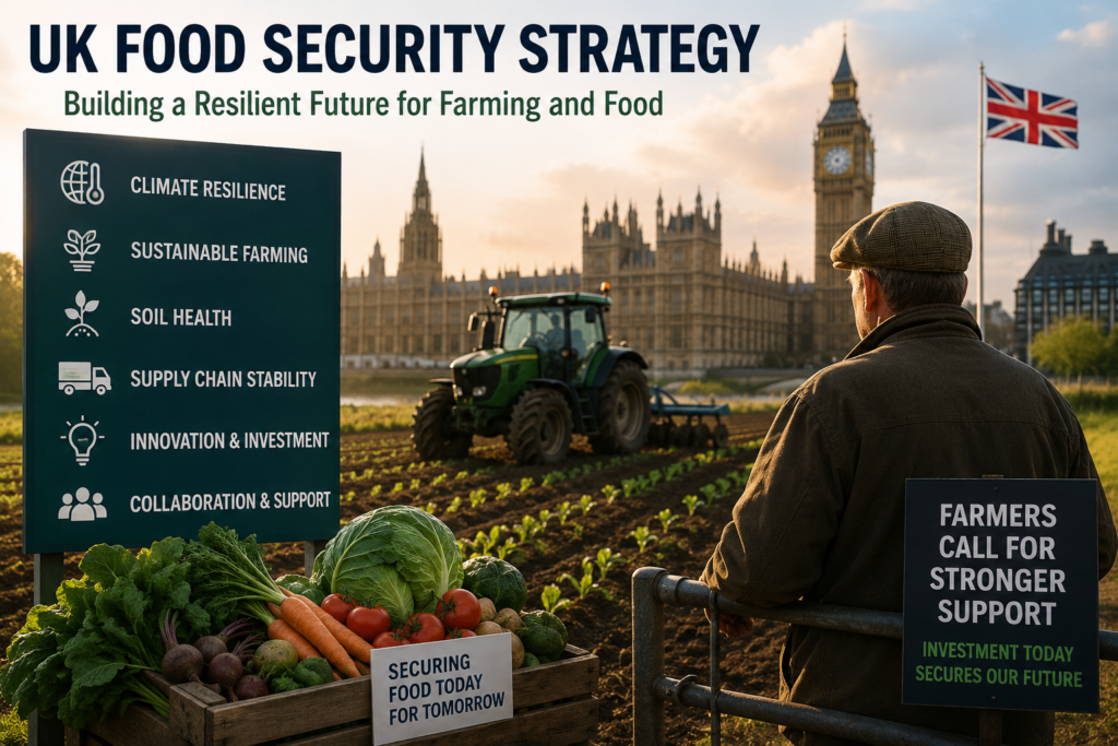 Wide-angle editorial style image showing a UK farm field at sunset with a farmer standing in the foreground looking toward a tractor working in rows of crops. In the background, the Houses of Parliament and Big Ben are visible, symbolizing government policy and agriculture connection. On-screen graphic elements highlight a “UK Food Security Strategy” with themes like climate resilience, sustainable farming, soil health, supply chain stability, innovation, and collaboration. Fresh vegetables are shown in the foreground, reinforcing food production and security themes, while a British flag waves in the distance.