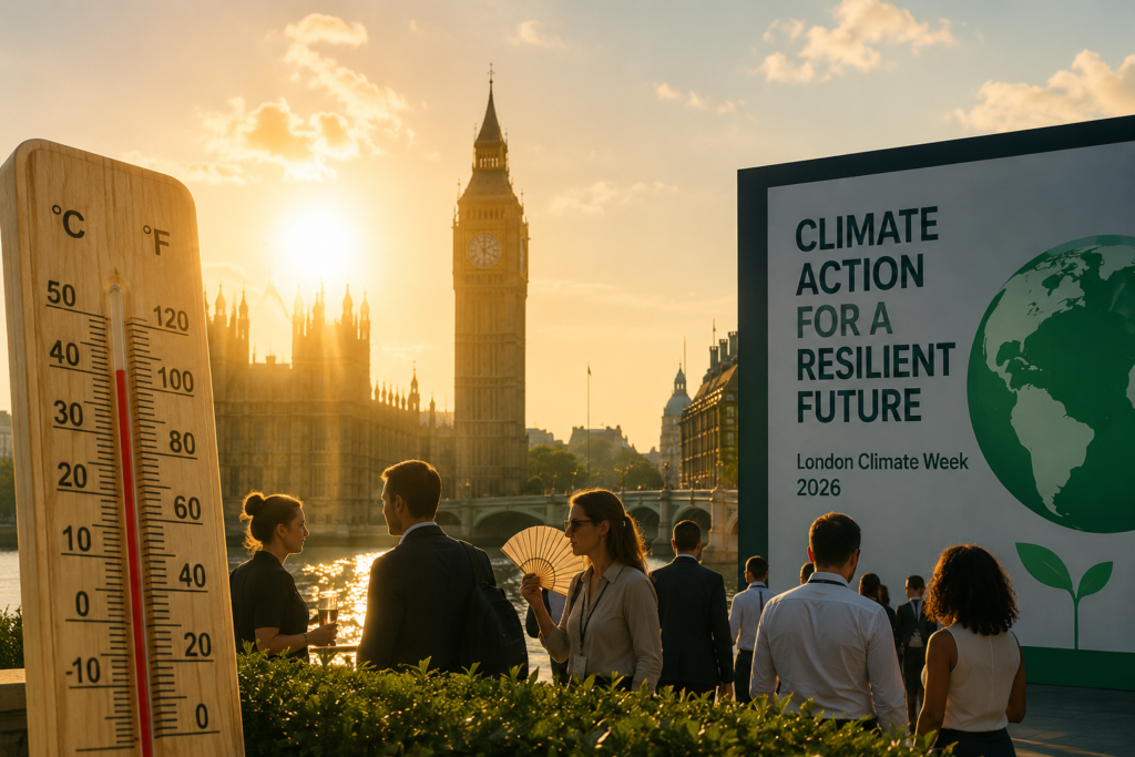 Climate professionals gather in London during an extreme summer heatwave as discussions focus on climate action, resilience, and sustainable solutions against the backdrop of the city skyline.