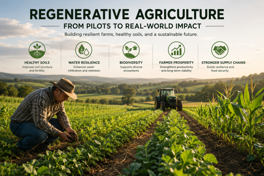 Farmer examining healthy soil in a regenerative agriculture field with sustainable farming practices supporting soil health biodiversity and resilient food systems