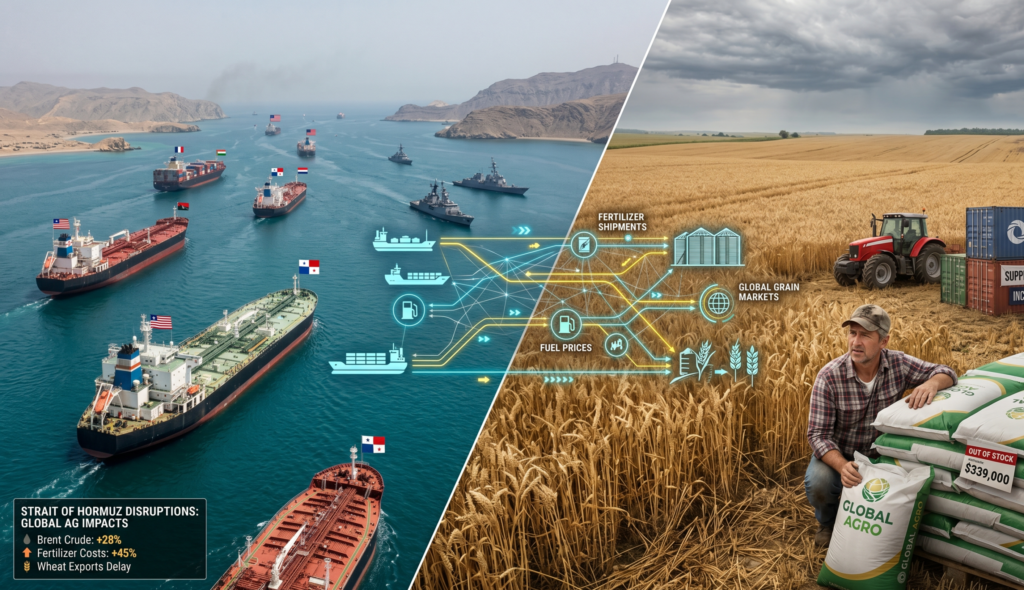 Hyper-realistic split scene showing the Strait of Hormuz with cargo ships and oil tankers on one side and agricultural farmland on the other, symbolizing global supply chain disruption affecting farming and fertilizer availability. The image reflects the connection between international trade routes and food production under economic pressure.