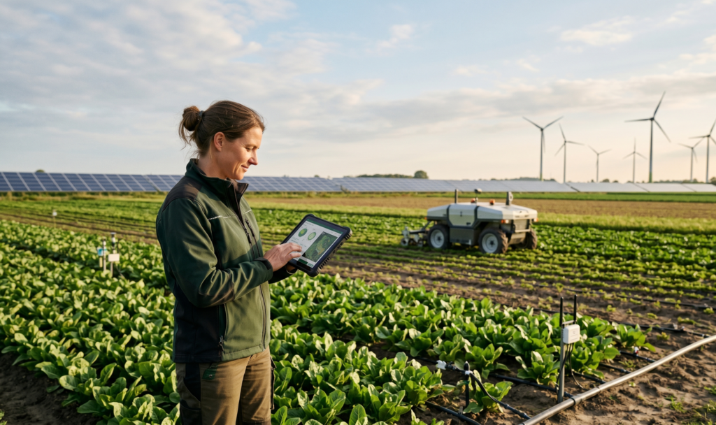 Modern sustainable agriculture landscape featuring a farmer using digital technology in a green field with smart irrigation, precision farming systems, renewable energy integration, and environmentally responsible food production.