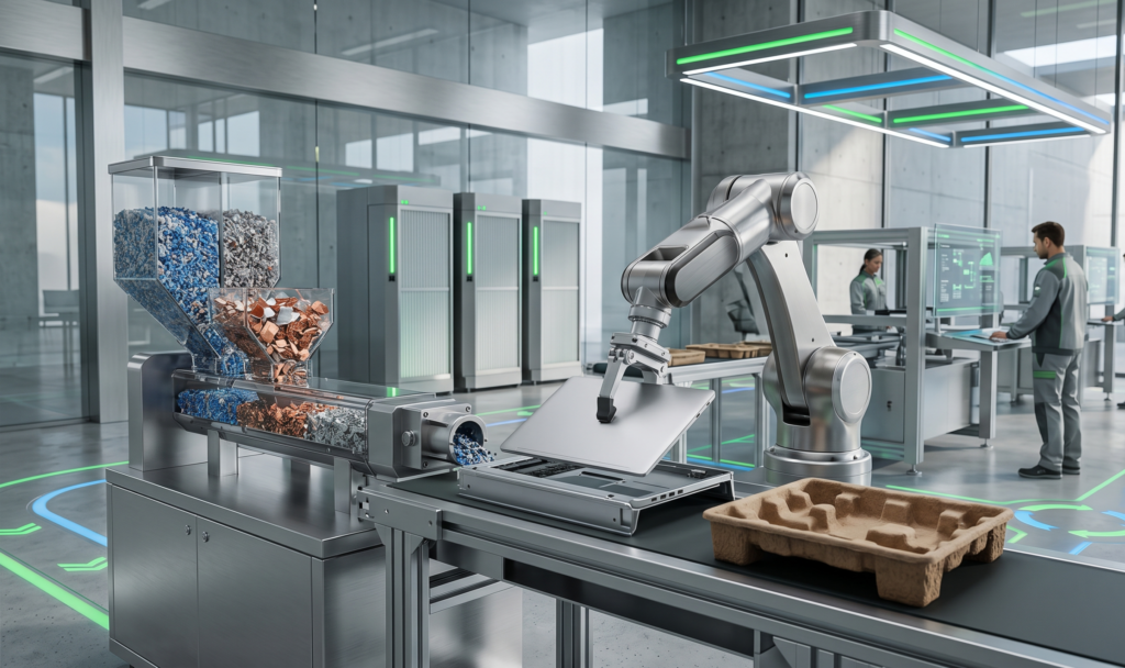 Advanced sustainable technology manufacturing with recycled materials and renewable energy concepts representing environmental innovation.
