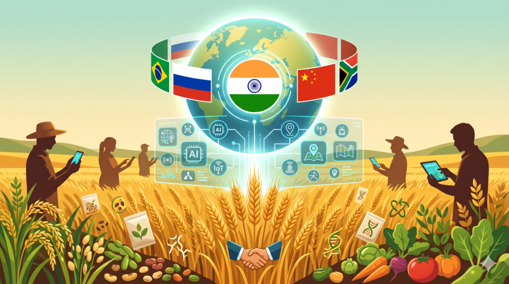Modern flat illustration, 16:9 landscape: India-centered global agriculture innovation, golden wheat fields with diverse crops, digital holographic AI/IoT overlays above fields, BRICS nation flags in circle around glowing globe, Indian farmers at center using smartphones and tablets, seed packets and genetic diversity symbols, handshake icon for cooperation, warm golden greens and earthy browns with blue tech accents, clean professional blog header style, optimistic futuristic mood, no text