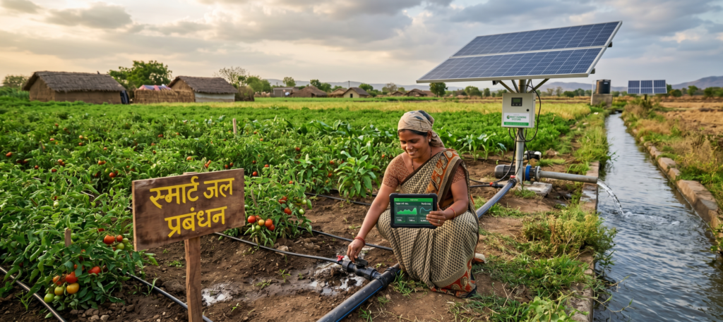 Farmer using a digital tablet in a green agricultural field with solar-powered irrigation system and drip lines, showing climate-smart water management and sustainable farming practices.