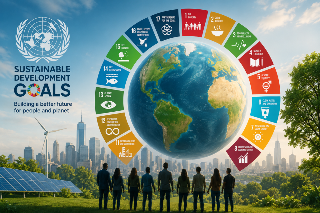 Illustration of the Earth surrounded by the 17 United Nations Sustainable Development Goals, with renewable energy, green cities, and diverse people symbolizing global cooperation to achieve sustainability by 2030.