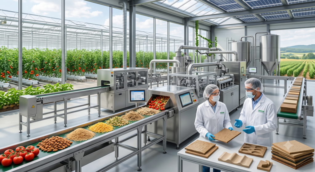 Engineers developing sustainable biomaterials from agricultural byproducts including tomatoes, almonds, rice husks, and corn fiber inside a modern eco-friendly manufacturing facility supporting circular economy innovation.