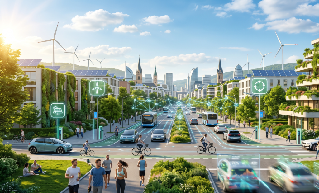 Modern European city showcasing eco innovation with green buildings, solar panels, wind turbines, electric vehicles, and sustainable urban infrastructure supporting climate goals.