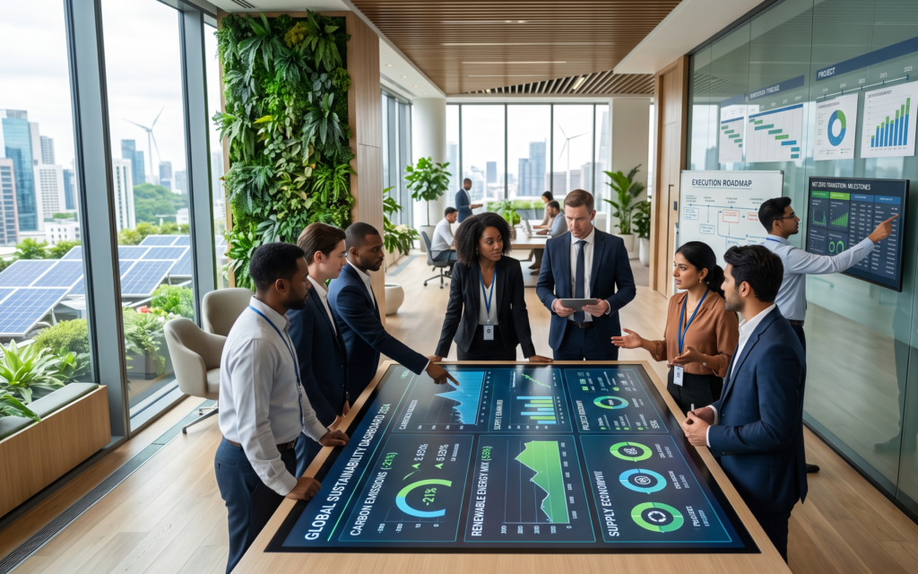 Business leaders and sustainability professionals reviewing ESG metrics, renewable energy data, and project plans to improve sustainability execution and long-term business performance.